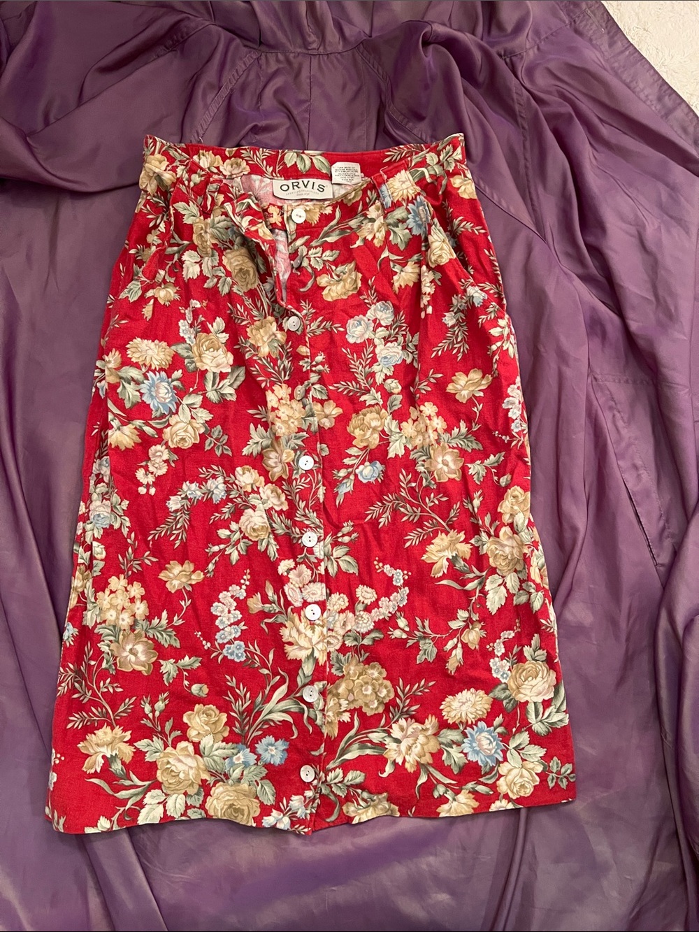 Orvis Red Floral Button-Down Midi Skirt